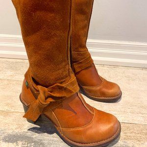EL NATURALISTA Rich Tan Suede + Leather High Bow Boots Size 37 M